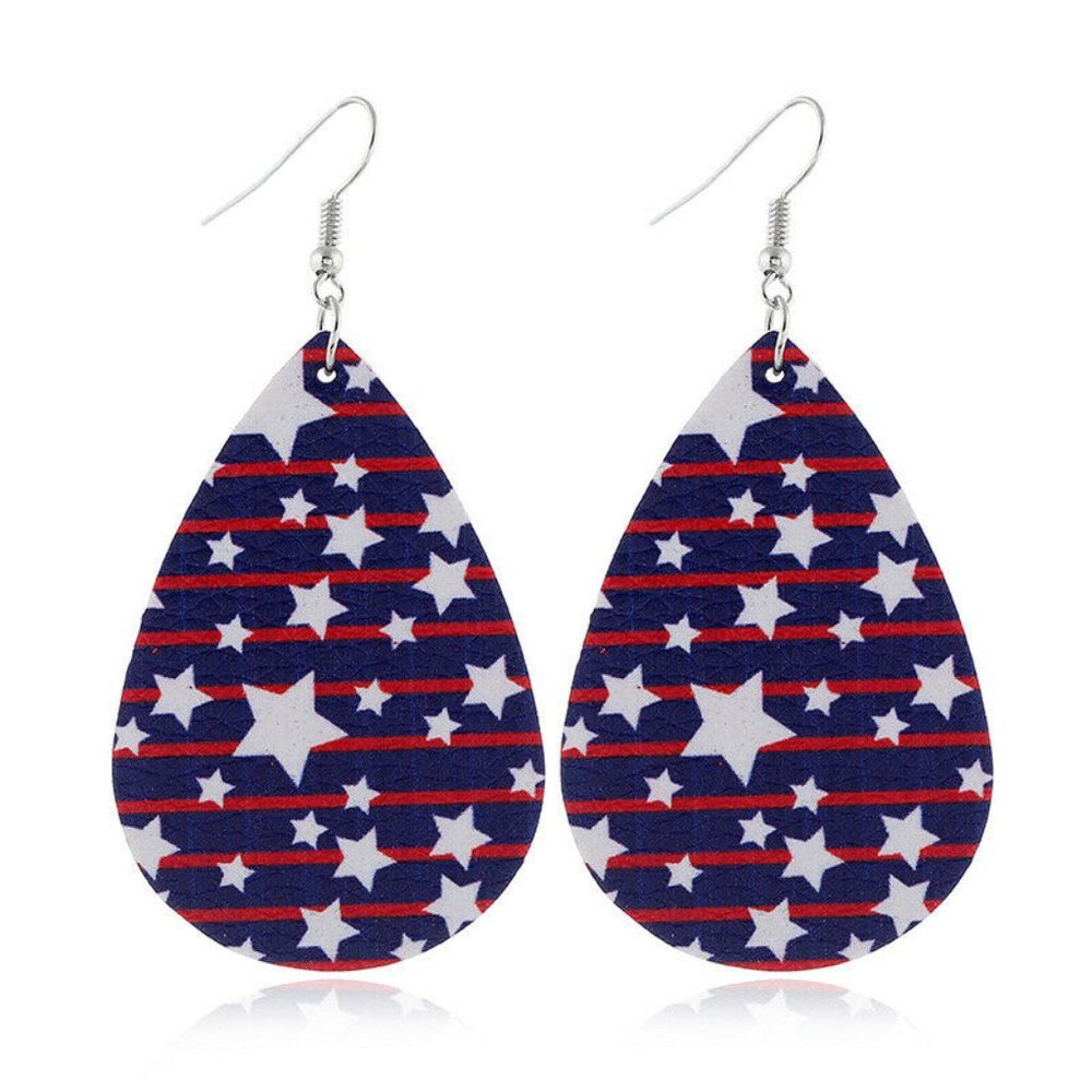 Blue & Red w/Stars Tear Drop Dangle Hook Earrings - Picture 1 of 1